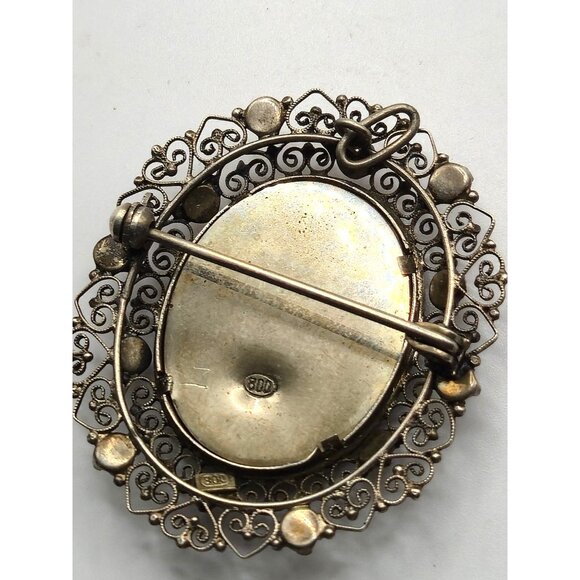 Antique 800 Silver Filigree hand painted Portrait Brooch Natural Coral late 1800 - Picture 3 of 6